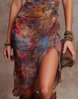 Bohemian Abstracte Kunstprint V-hals Plissé Midi Jurk