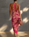 Fuchsia Bloemenprint Mouwloze Rimpelzijde Split Bodycon Jurk