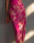Fuchsia Bloemenprint Mouwloze Rimpelzijde Split Bodycon Jurk