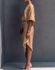 Khaki Draped Asymmetrische Midi-jurk met Korte Mouwen