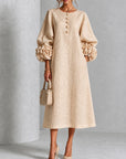 Beige Bloemen Knopen Midi Jurk Met Opvallende Bloemen Mouwen