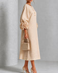 Beige Bloemen Knopen Midi Jurk Met Opvallende Bloemen Mouwen