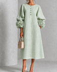 Sage Mist Bloemen Knop-down Midi Jurk Met Opvallende Bloemen Manchetten