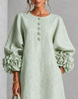 Sage Mist Bloemen Knop-down Midi Jurk Met Opvallende Bloemen Manchetten
