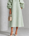 Sage Mist Bloemen Knop-down Midi Jurk Met Opvallende Bloemen Manchetten