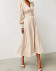 Satin Solid Ballon Mouw V-Hals Midi Jurk