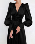Satin Solid Ballon Mouw V-Hals Midi Jurk