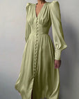 Satin Solid Ballon Mouw V-Hals Midi Jurk