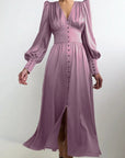 Satin Solid Ballon Mouw V-Hals Midi Jurk