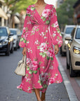 Elegante Bloemen V-hals Chiffon Plissé Midi Jurk