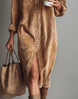 Losse Corduroy Midi-jurk met Dubbele Borstzakken en Enkele Knopen