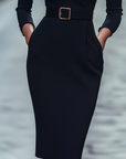 Zwarte Stand Collar Drawstring Shift Midi Dress