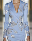 Elegante Blauw Bloemenprint Blazer Midi Jurk