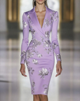 Elegante Blauw Bloemenprint Blazer Midi Jurk