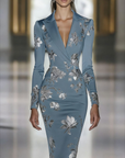 Elegante Blauw Bloemenprint Blazer Midi Jurk