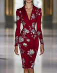 Elegante Blauw Bloemenprint Blazer Midi Jurk