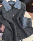Hella | Gebreid Vest met Denim Kraag & Rits