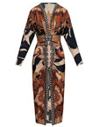 Unieke Print Dolman Lange Mouwen Rimpel Split Midi Jurk
