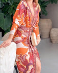 Unieke Print Dolman Lange Mouwen Rimpel Split Midi Jurk