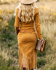 Vintage Western Kraag Rits Kwast Midi Jurk (Zonder riem)
