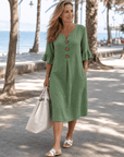 Comros | Knopdetail Rimpel Mouw Relaxed Midi Jurk