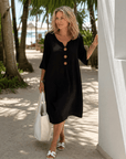 Comros | Knopdetail Rimpel Mouw Relaxed Midi Jurk