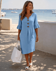 Comros | Knopdetail Rimpel Mouw Relaxed Midi Jurk