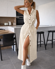 Mia - Denim Jurk Maxi met Tailleceintuur en Knopen