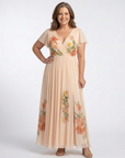 Calista | Maxi Jurk met V-hals en Korte Mouwen