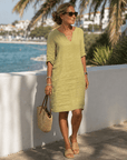 Elixir | Textured V Neck Drie Kwart Mouw Knie Lengte Jurk