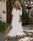 Elkaline | Eyelet Lace Tiered V-hals Midi-jurk