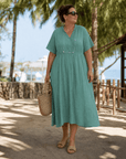 Eupherene | Textured V Neck Relaxed Short Sleeve Midi Dress