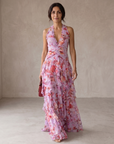Belladina | Romantische Cascata di Rose Lange jurk met Amerikaanse halslijn