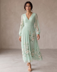 Cisella | Midi jurk lichtgroen met bloemen
