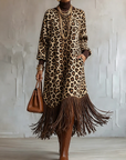 Leopardprint Fringe Hem Lange Mouw Midi Jurk