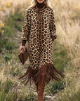 Leopardprint Fringe Hem Lange Mouw Midi Jurk