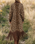 Leopardprint Fringe Hem Lange Mouw Midi Jurk