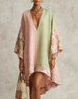 Groene en Roze Kleur-Block Bloem-Trim Midi Jurk