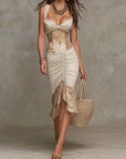 Beige Bohemian Kant Trim Ruched Midi Jurk