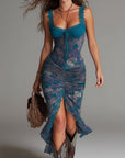 Blauwe Olieverf Bloemenprint Midi Jurk Met Kantafwerking