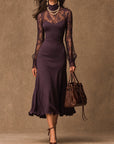 Elegante Paarse Matte Satijnen Kanten Lange Mouw Bodycon Midi Jurk