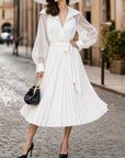 Franse vintage witte v-hals midi wikkeljurk