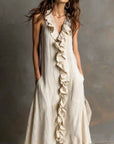 Dames Effen Kleur Mouwloze V-Hals Flared Ruffle Jurk