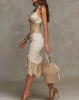 Beige Bohemian Kant Trim Ruched Midi Jurk