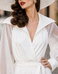 Franse vintage witte v-hals midi wikkeljurk