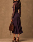 Elegante Paarse Matte Satijnen Kanten Lange Mouw Bodycon Midi Jurk