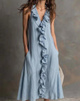 Dames Effen Kleur Mouwloze V-Hals Flared Ruffle Jurk