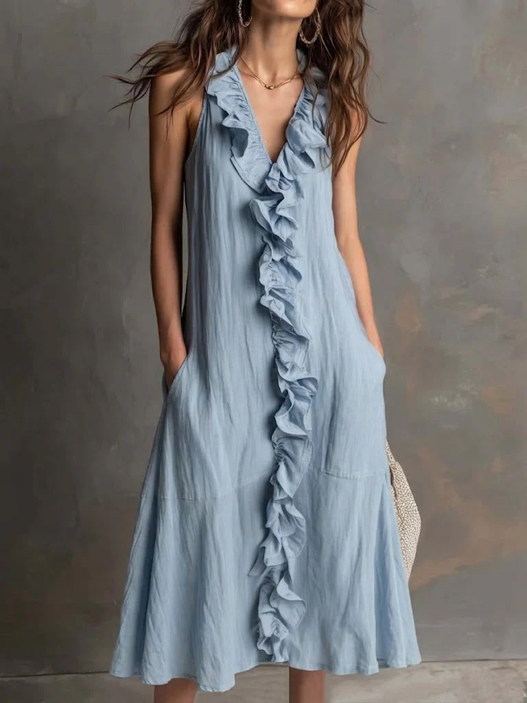 Dames Effen Kleur Mouwloze V-Hals Flared Ruffle Jurk