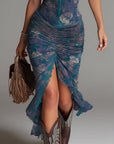 Blauwe Olieverf Bloemenprint Midi Jurk Met Kantafwerking