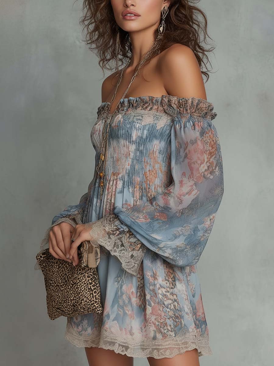 Romane | Mini Jurk van Geplooide Mousseline met Off-Shoulder en Romantische Bloemen